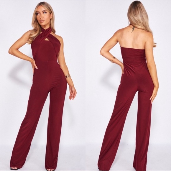 Pants - Burgundy Sleeveless Halter Neck Open Back Wide Leg Jumpsuit Playsuit